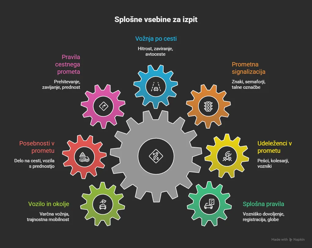 teoretični del vozniškega izpita- splošne vsebine - infografika